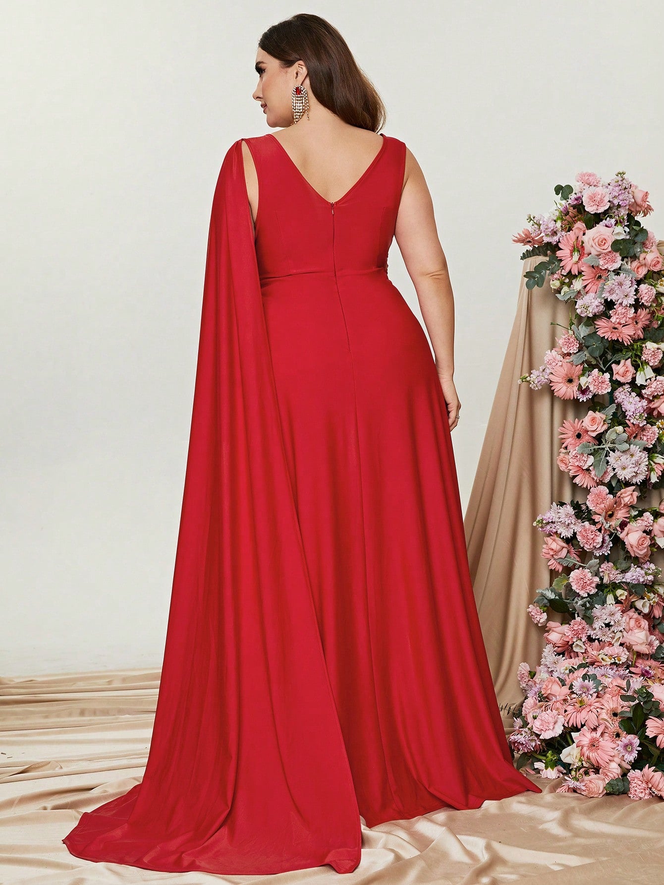 Plus Red Ruched Draped Side  A Line Dresses