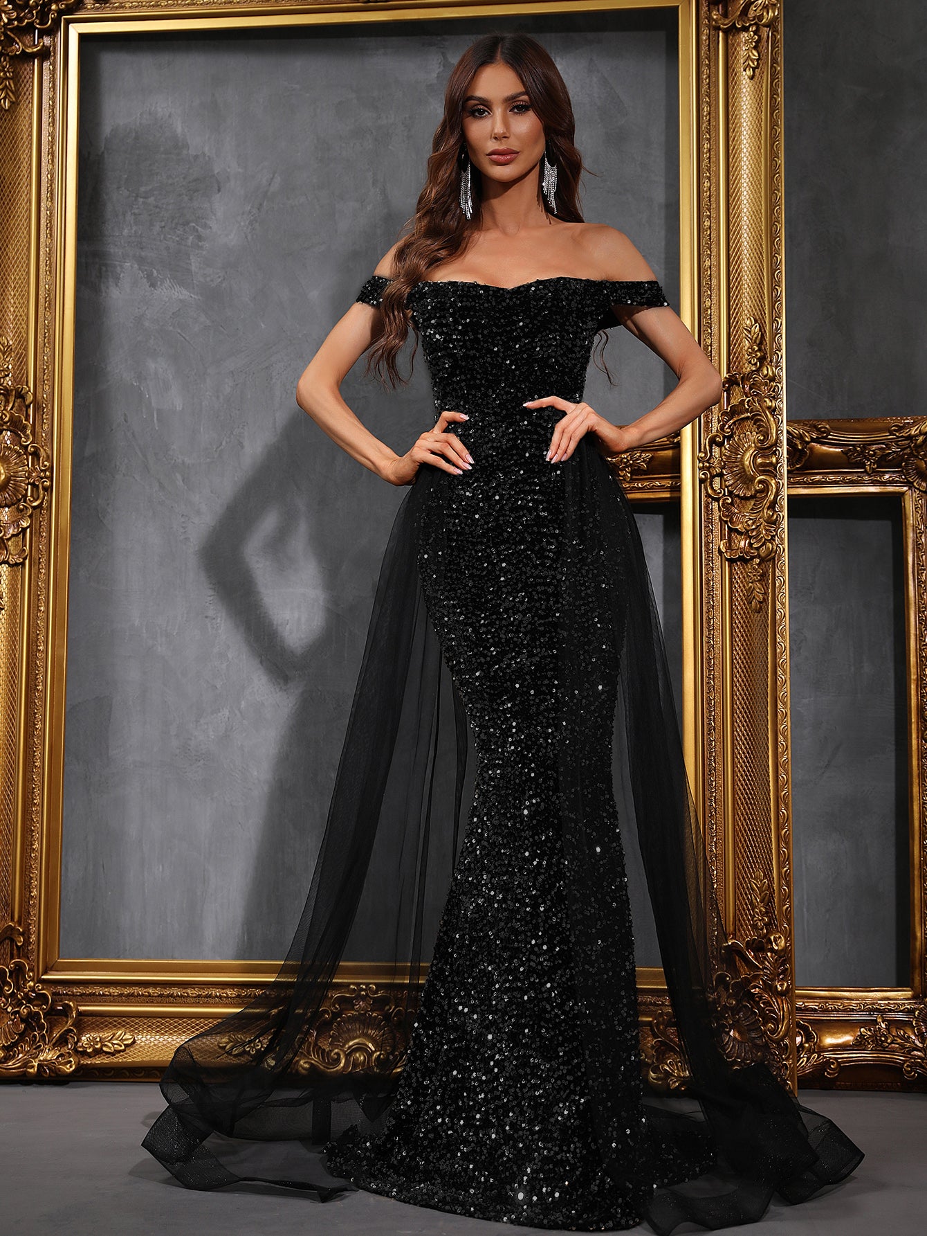 Mesh Layer On Waist Off Shoulder Black Sequin Mermaid Dresses