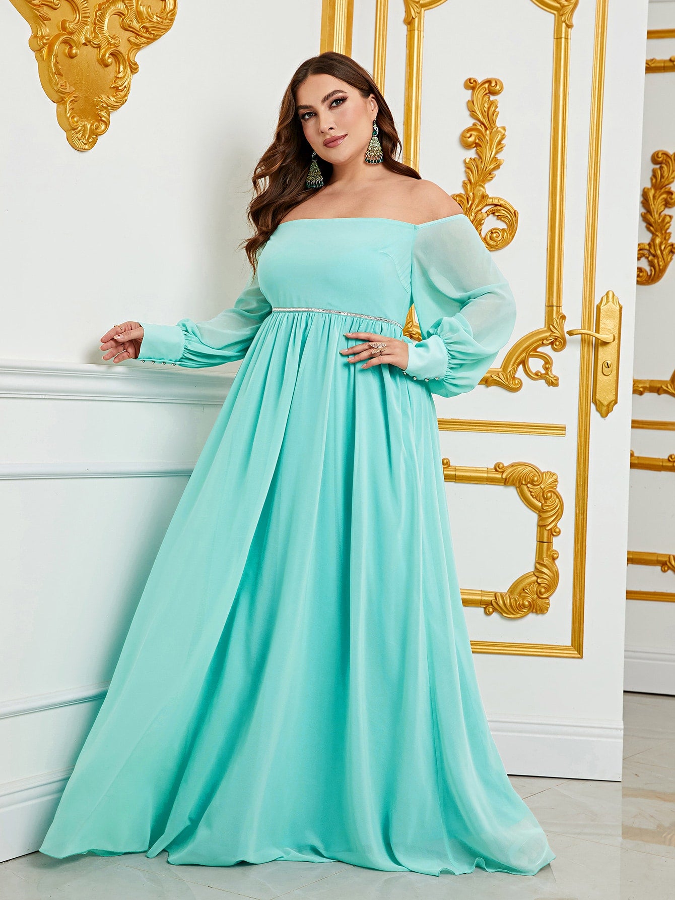 Plus Size Elegant Off Shoulder Long Sleeve Chiffon A Line Dresses