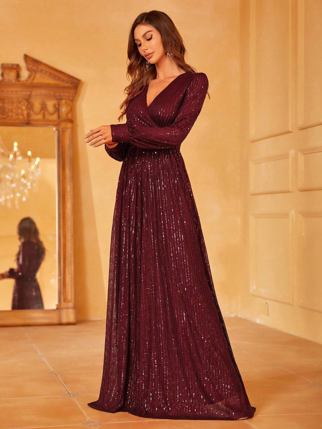 Elegant V Neck Lantern Sleeve Sequin A Line Dresses