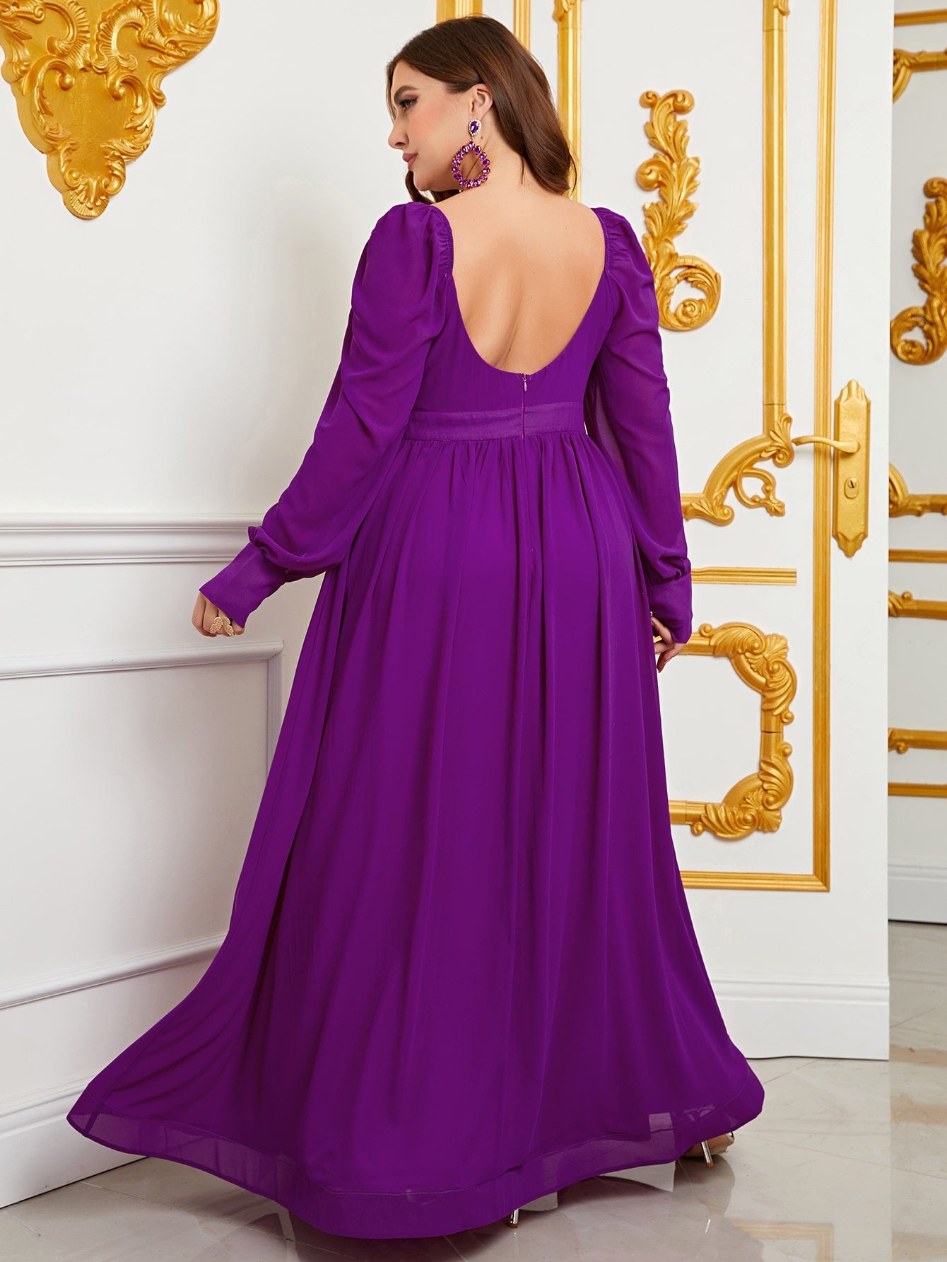 Plus Size Sweetheart Backless Long Sleeve Chiffon A line Dresses