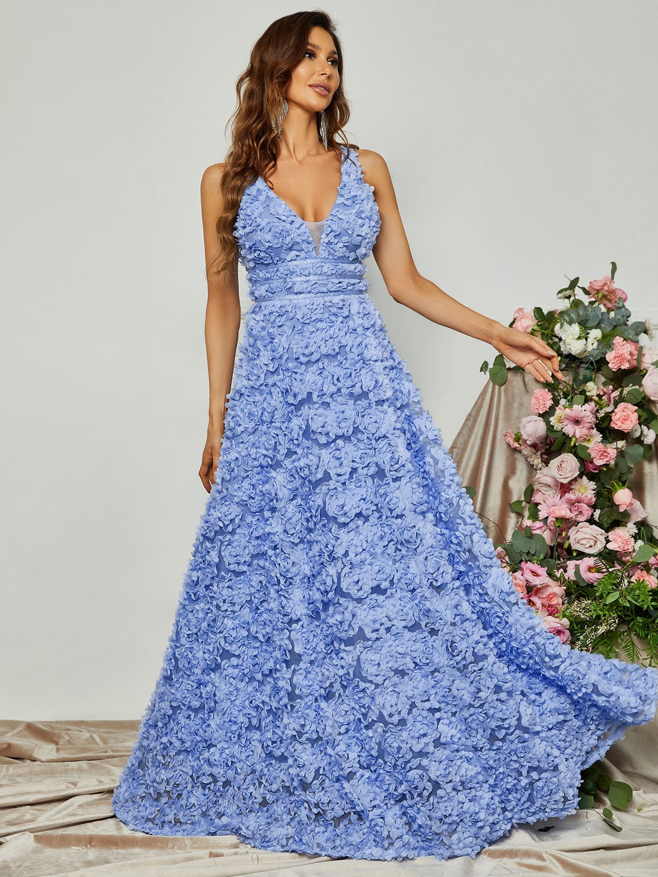 Elegant Scoop Neck Sleeveless 3D Flower A-Line Dresses