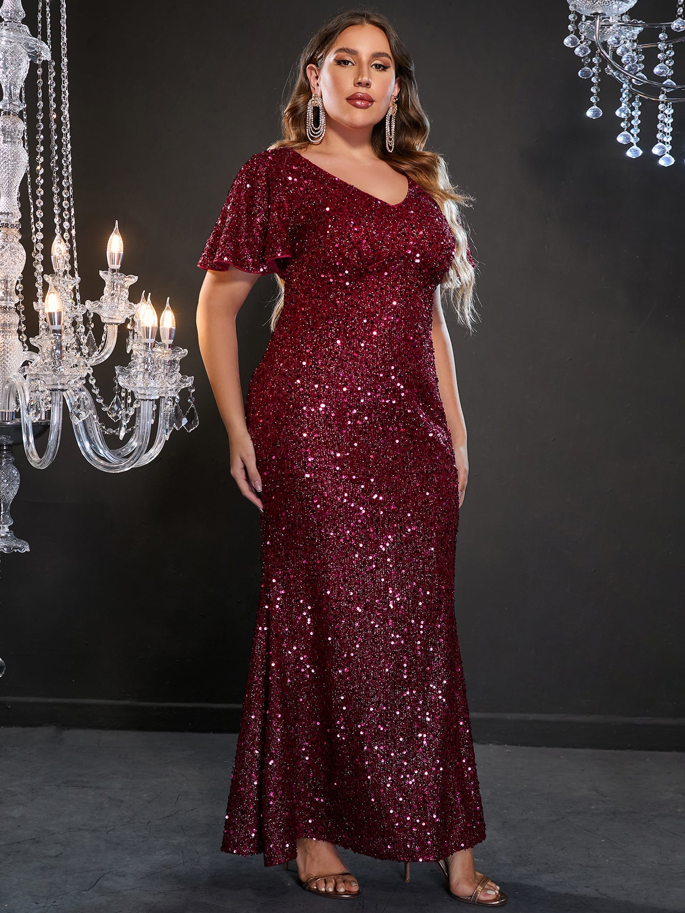 Plus Size Ruffle Sleeve V Neck Sequin Mermaid Dresses