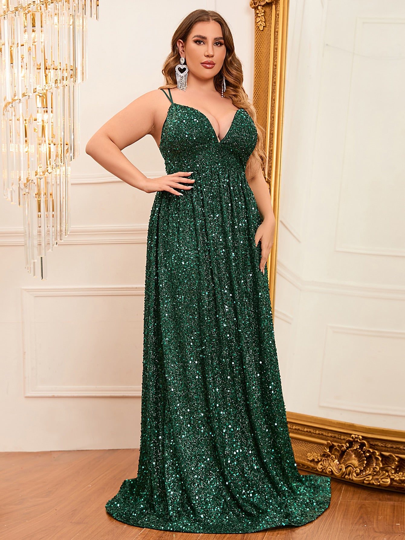 Plus Size Back Lace Up Sequin  A Line Dress