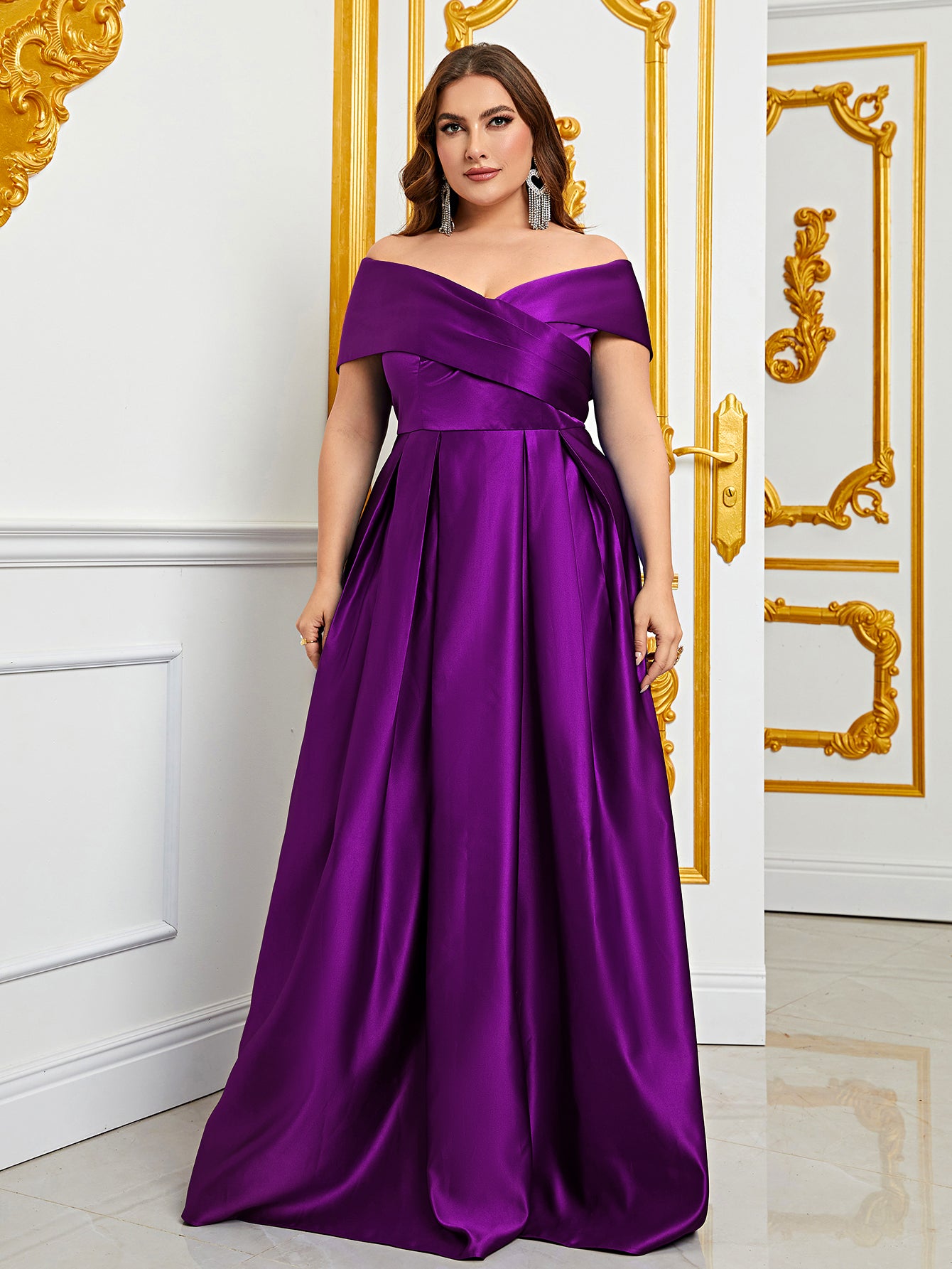 Plus Elegant Off Shoulder Satin A Line Gown