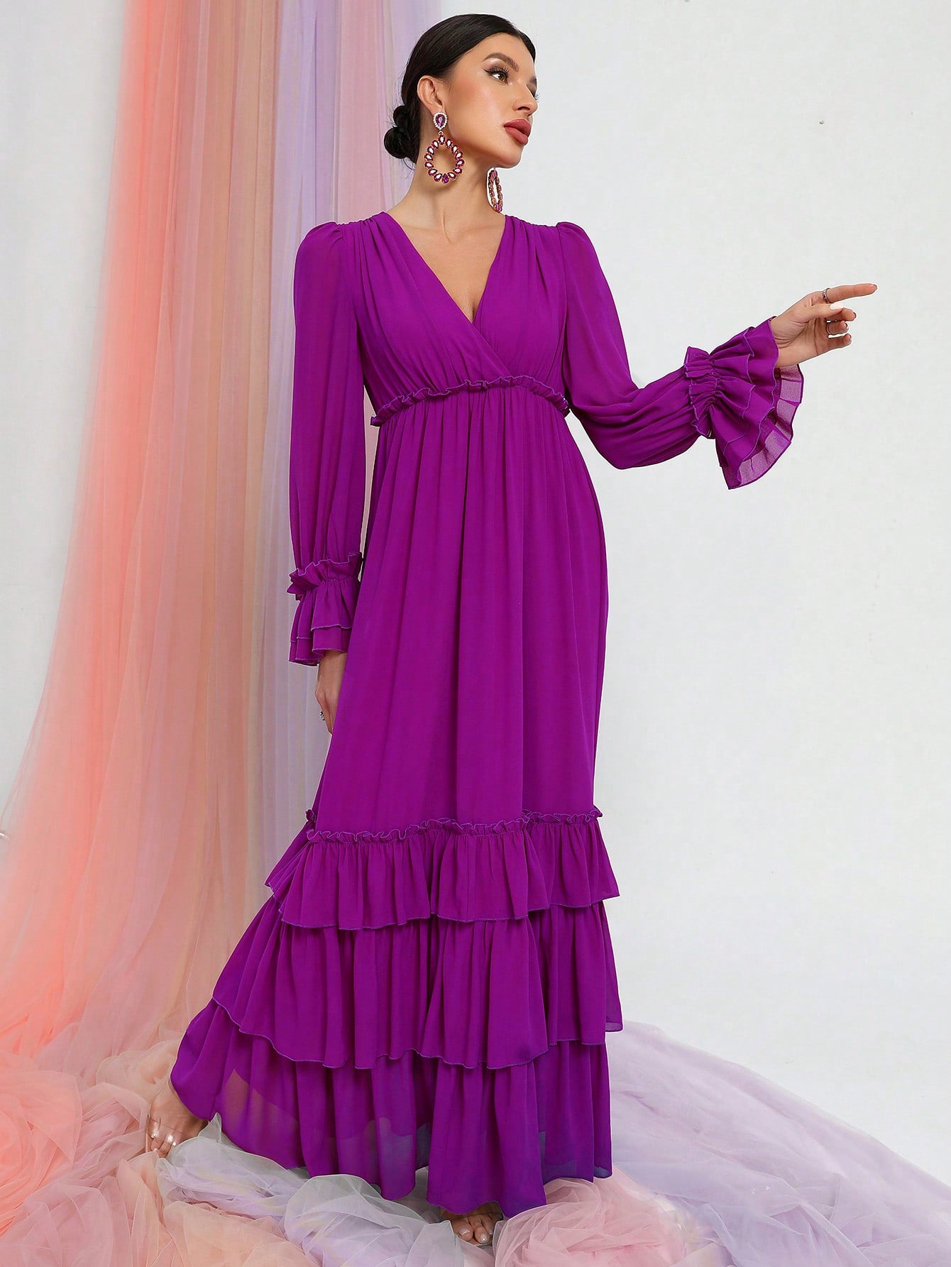 Layered Ruffle Hem V Neck Lantern Sleeve Chiffon Dress