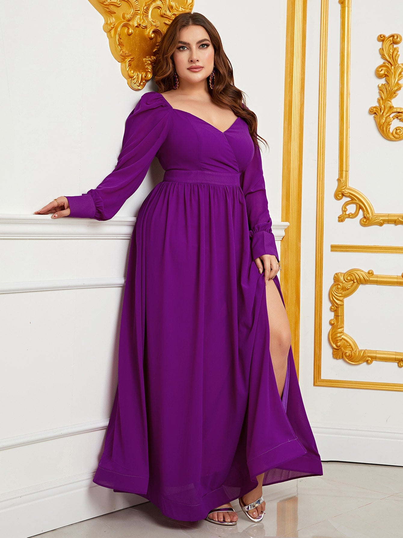 Plus Size Sweetheart Backless Long Sleeve Chiffon A line Dresses