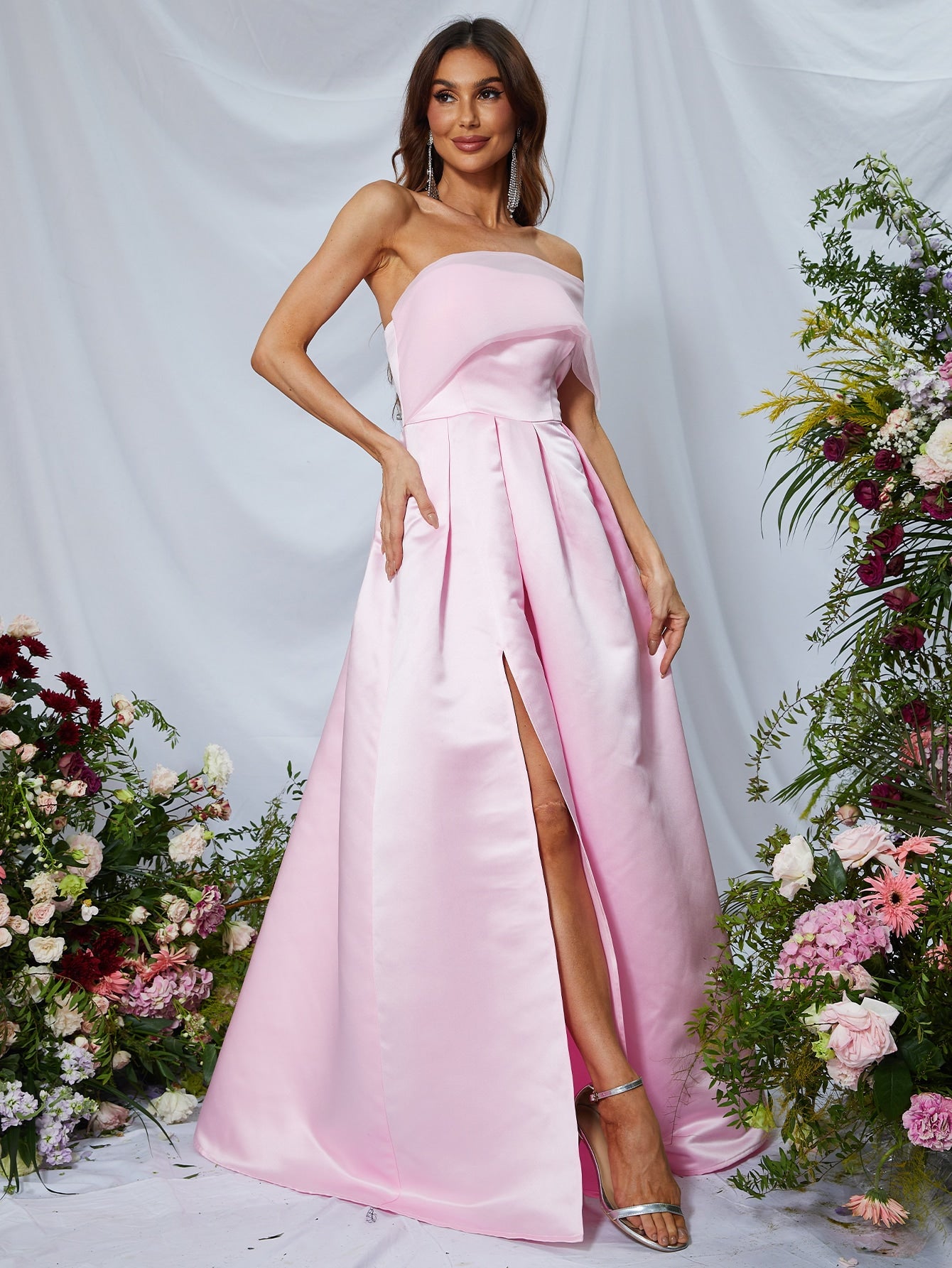 One Shoulder Sleeveless Satin Slit A Line Dresses