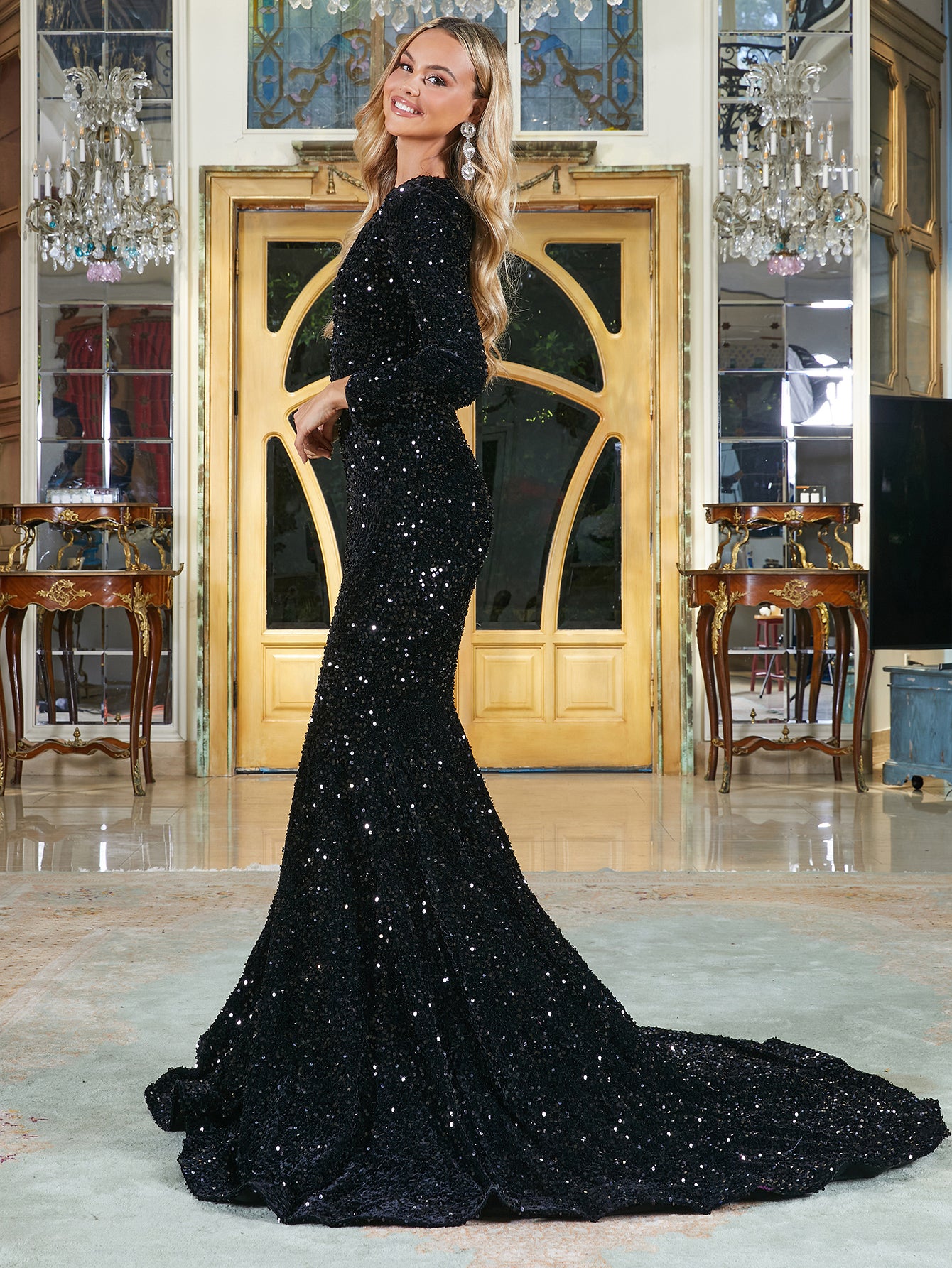 Elegant V Neck Long Sleeve Sequin Prom Dresses