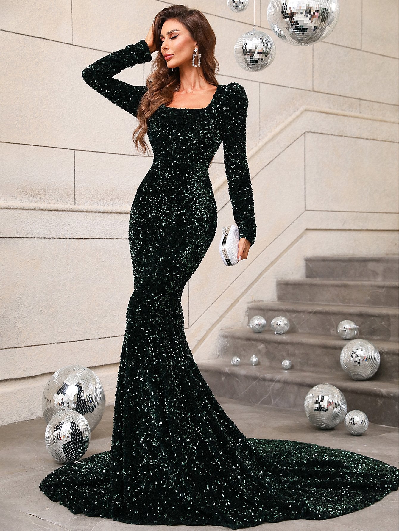 Elegant Square Neck Long Sleeve Sequin Mermaid Dresses