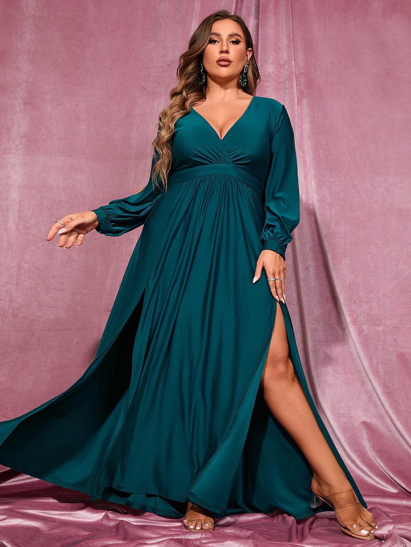 Plus Elegant V Neck Long Sleeve Dresses