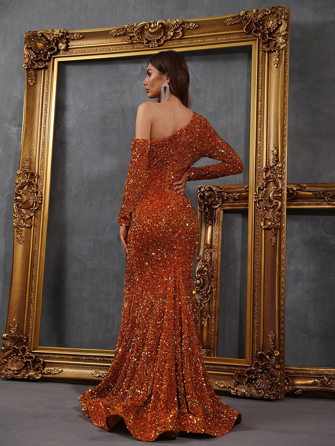 Rust Sequin Long Sleeve Cut-Out Shoulder Dress