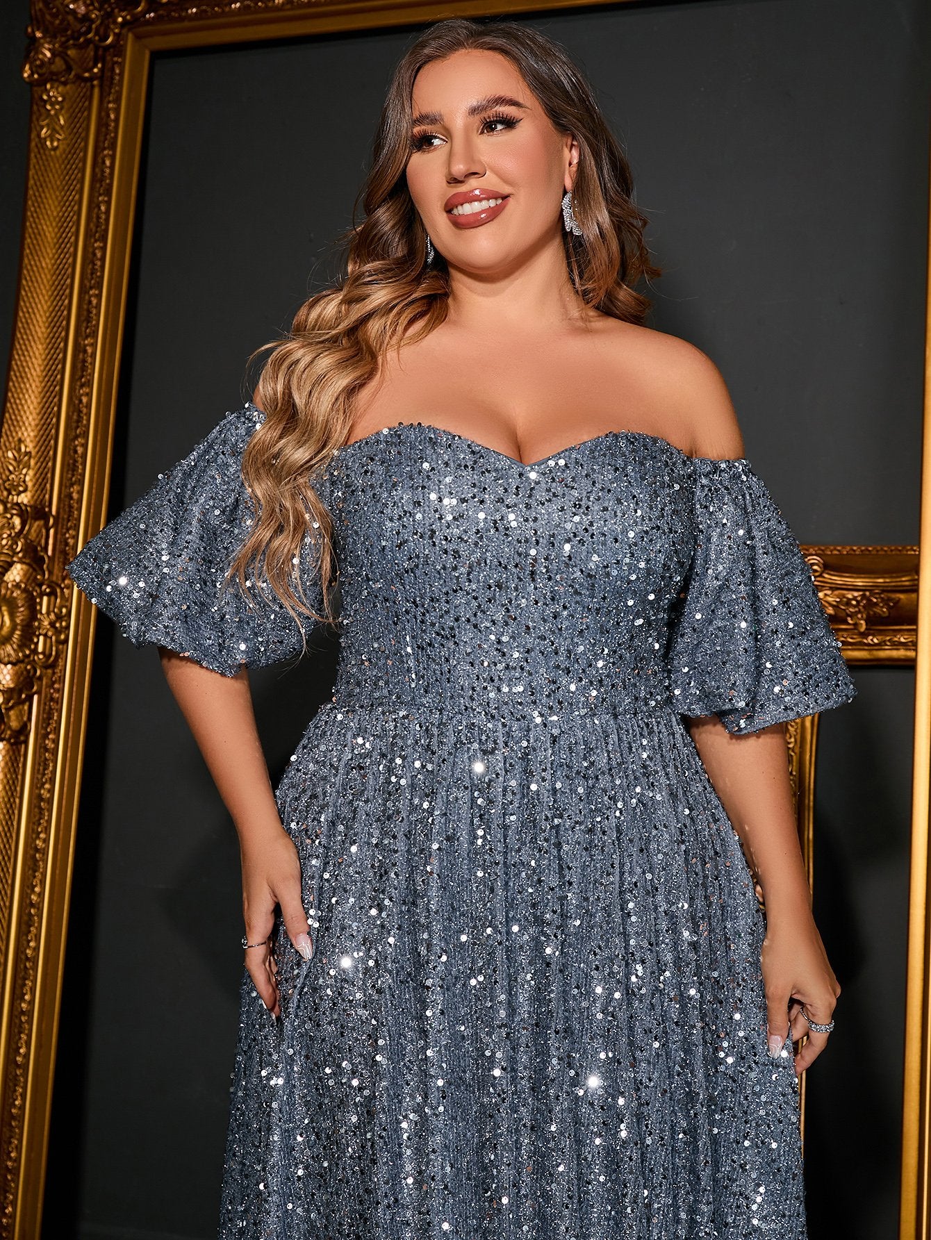 Plus Elegant Off Shoulder Short Sleeve Sequin A Line Dresses