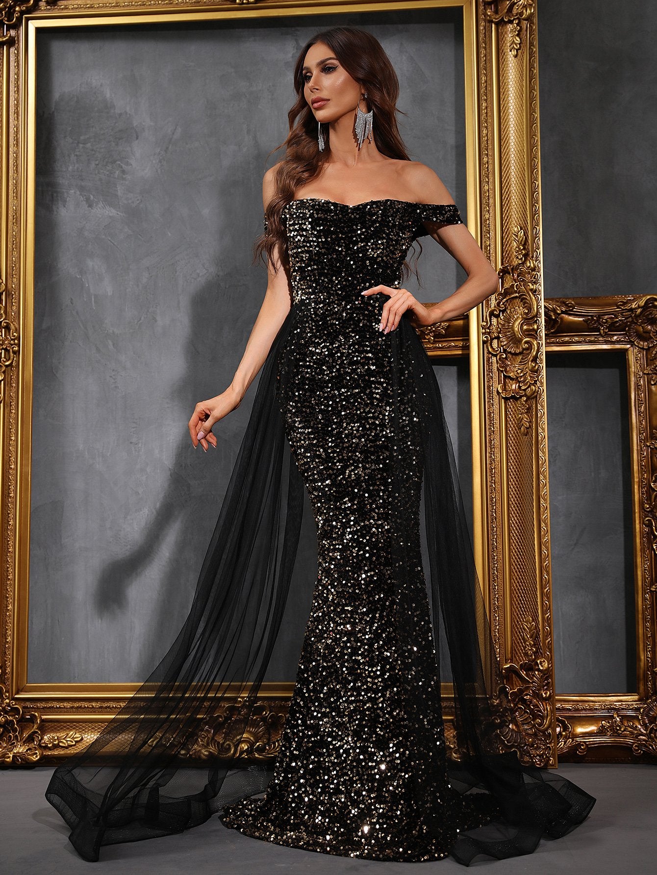 Off Shoulder Mesh Layer On Waist Black Gold Sequin Mermaid Dresses